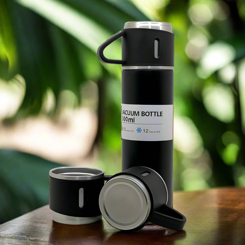 Stainless Steel Vacuum Flask Set with 3 Steel Cups Combo for Coffee Hot Drink and Cold Water Flask Ideal Gifting Travel Friendly Latest Flask Bottle. (500ml) Stainless Steel Vacuum Flask Set with 3 Steel Cups Combo for Coffee Hot Drink and Cold Water Flask Ideal Gifting Travel Friendly Latest Flask Bottle. (500ml)